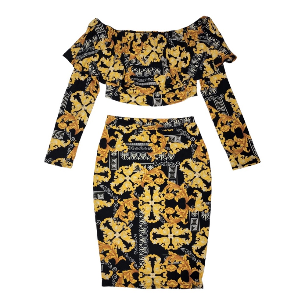 Minette Cropped Top Off the Shoulder 2-Piece Skirt Set, Black/Gold Women's Small